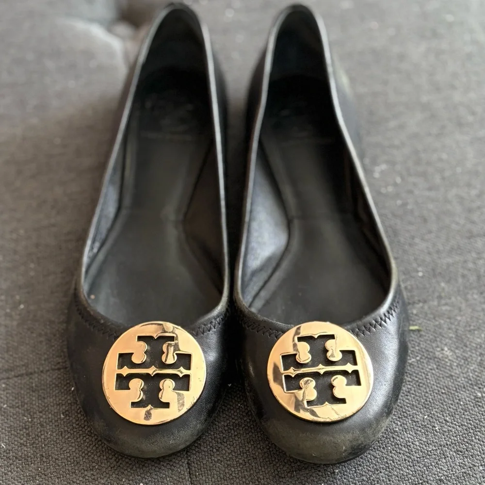 Tory Burch Black Leather Logo Cap-Toe Flats with Gold Emblem